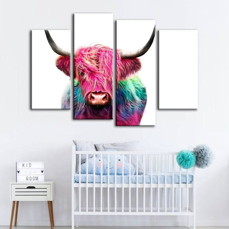 4 Piece Colorful Pink Cow - Canvas Wall Art Painting | Bowlift