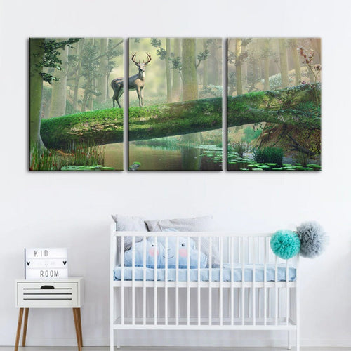 Enchanted Forest Deer-Canvas Wall Art Painting 3 Pieces | Bowlift
