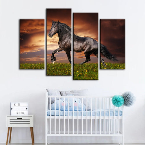 4 Piece Running Black Horse - Canvas Wall Art Painting | Bowlift