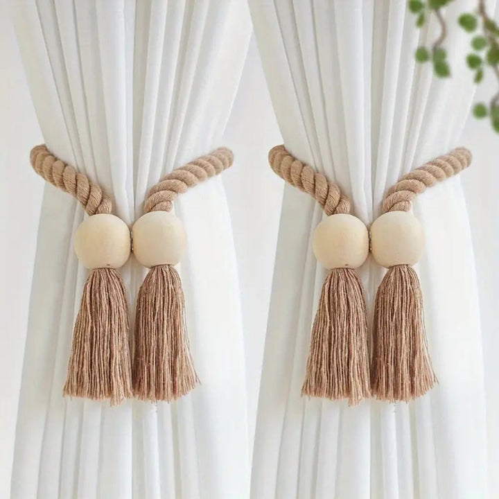 BowLift | Wooden Bead Tassel Curtain Tie Back | 2Pcs Set
