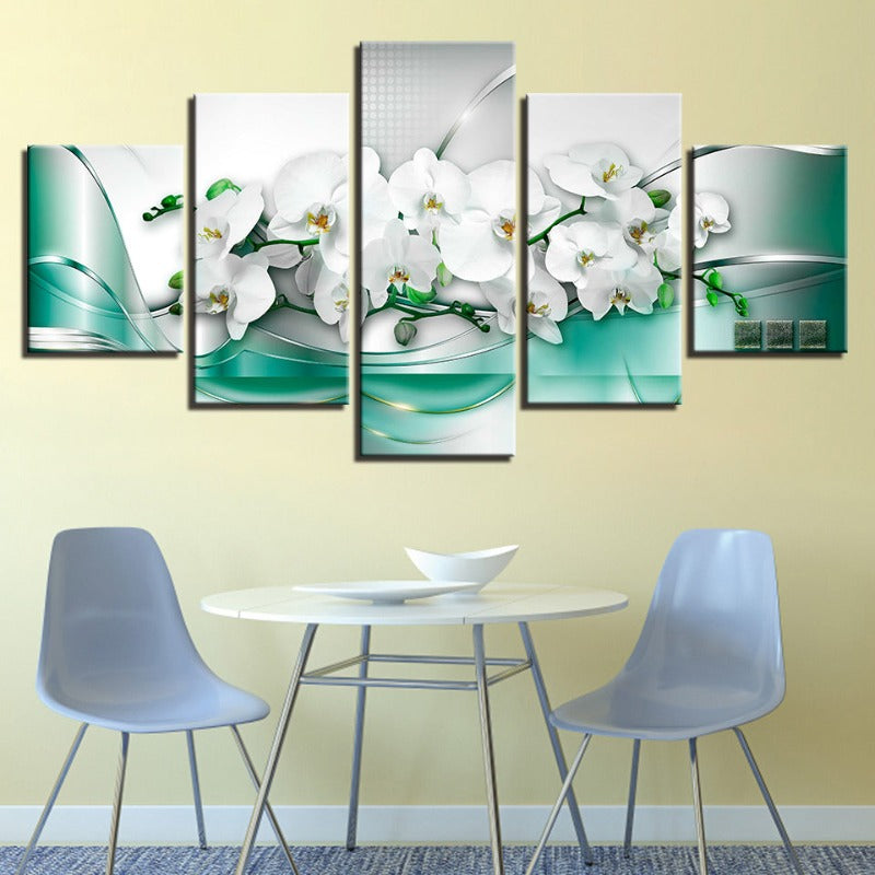 5 Piece Sea Green Background White Tulip Flower - Canvas Wall Art Painting | Bowlift