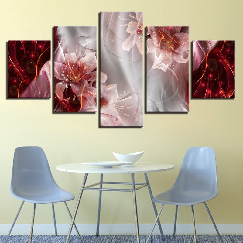 5 Piece Red White Ombre Background Pink Flower - Canvas Wall Art Painting | Bowlift