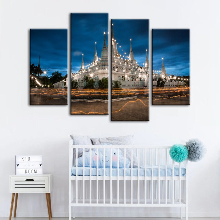 4 Piece Beautiful Temple Night Time - Canvas Wall Art Painting | Bowlift