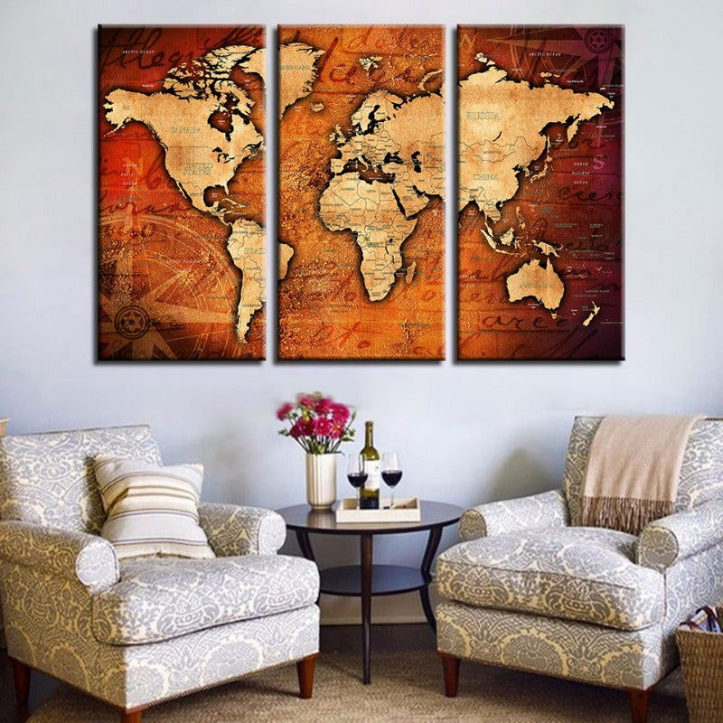 Brown & Red Rustic World Map-Canvas Wall Art Painting 3 Pieces | Bowlift