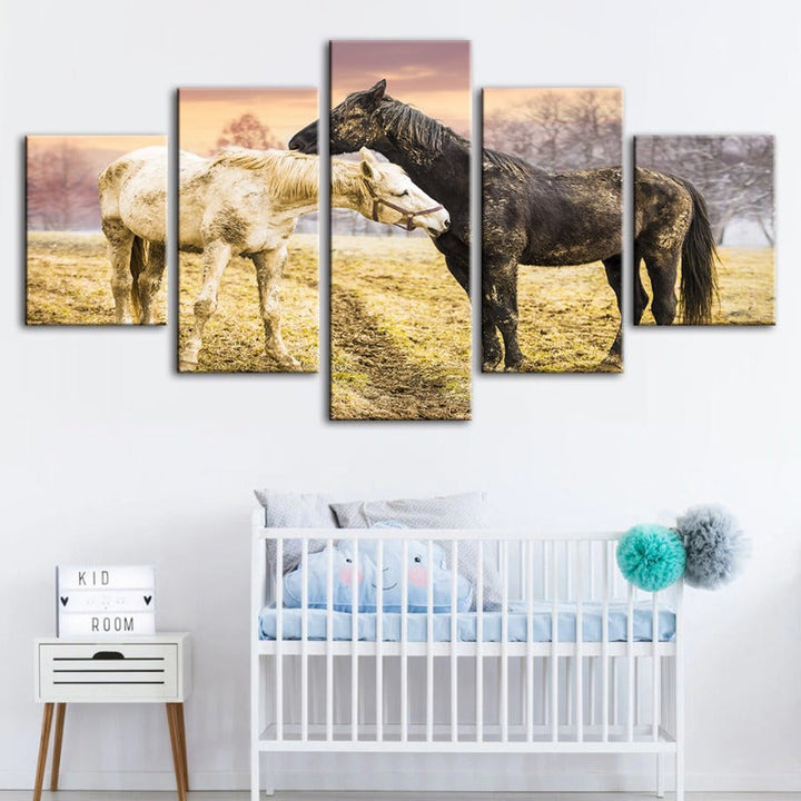5 Piece Black & White Horses - Canvas Wall Art Painting | Bowlift