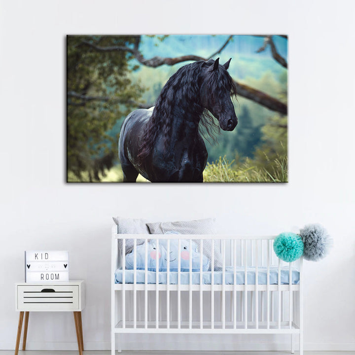 Black Horse In Forest - Canvas Wall Art Painting | Bowlift
