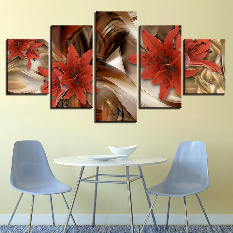 Desaturated Fire Red Lilies 5 Piece - Canvas Wall Art Painting | Bowlift