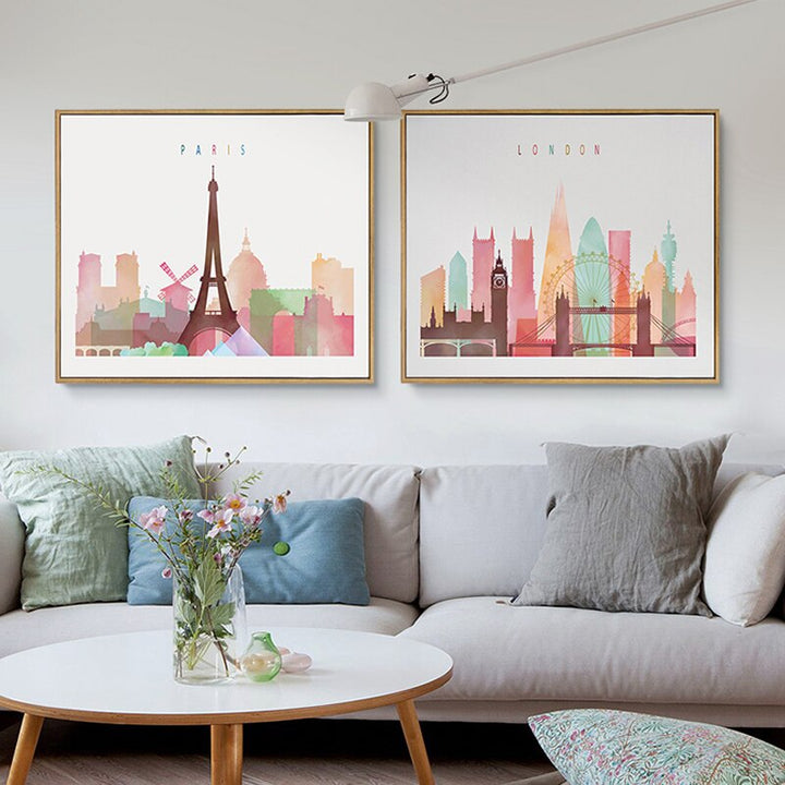 Watercolor London New York Paris City - Canvas Wall Art Painting | Bowlift
