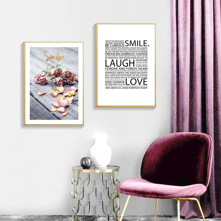 Romantic Flowers Smile Laugh Love Quote - Canvas Wall Art Painting | Bowlift