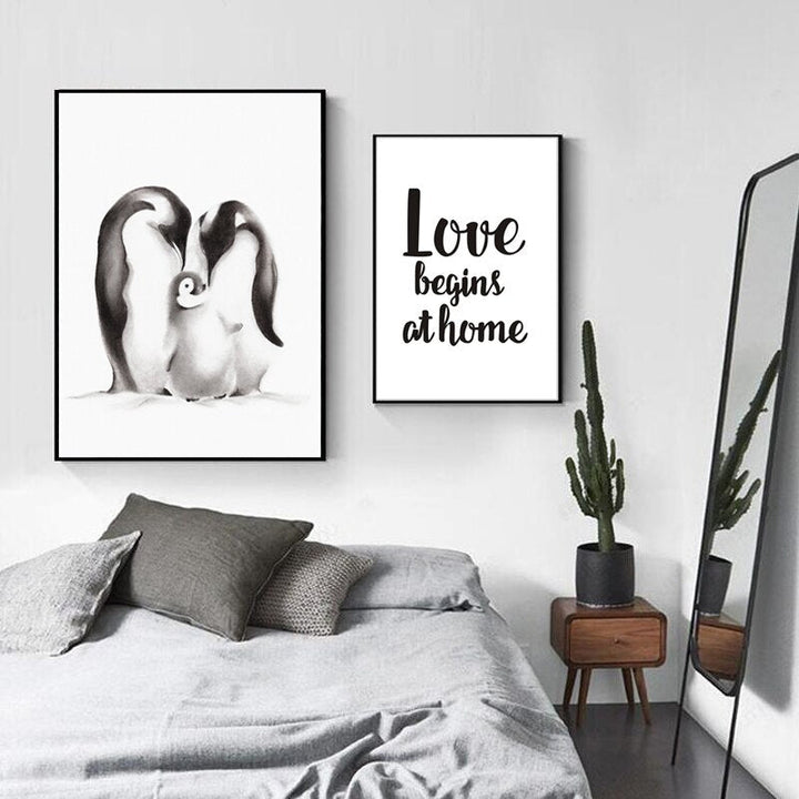 Modern Penguin Family Love - Canvas Wall Art Painting | Bowlift