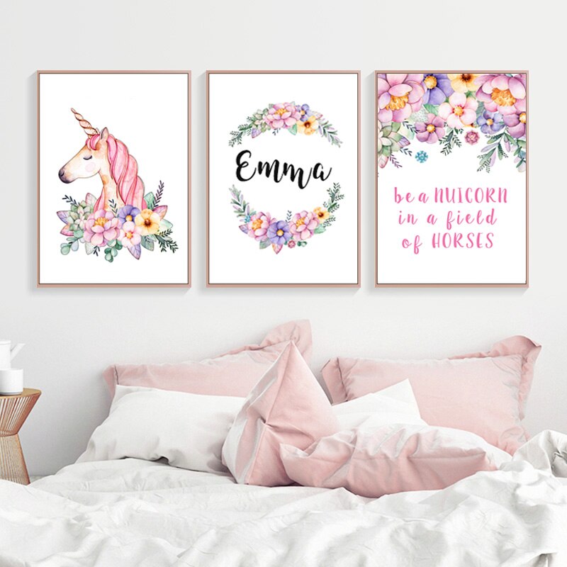 Modern Pink Cartoon Nursery Decor Customized Name - Canvas Wall Art Painting | Bowlift