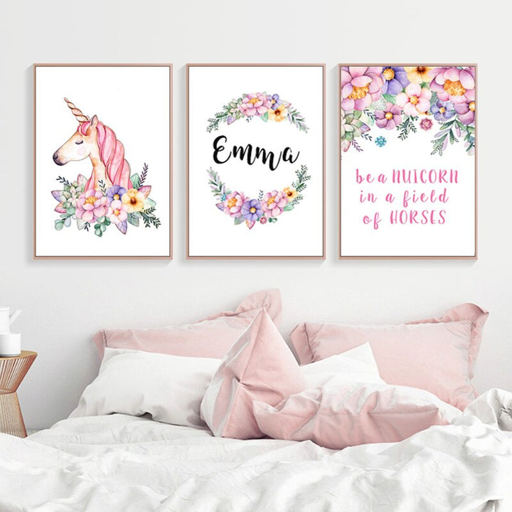 Modern Pink Cartoon Nursery Decor Customized Name - Canvas Wall Art Painting | Bowlift