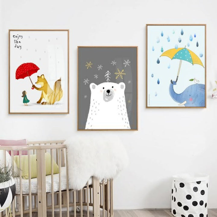 Cartoon Animals Bear Fox - Canvas Wall Art Painting | Bowlift