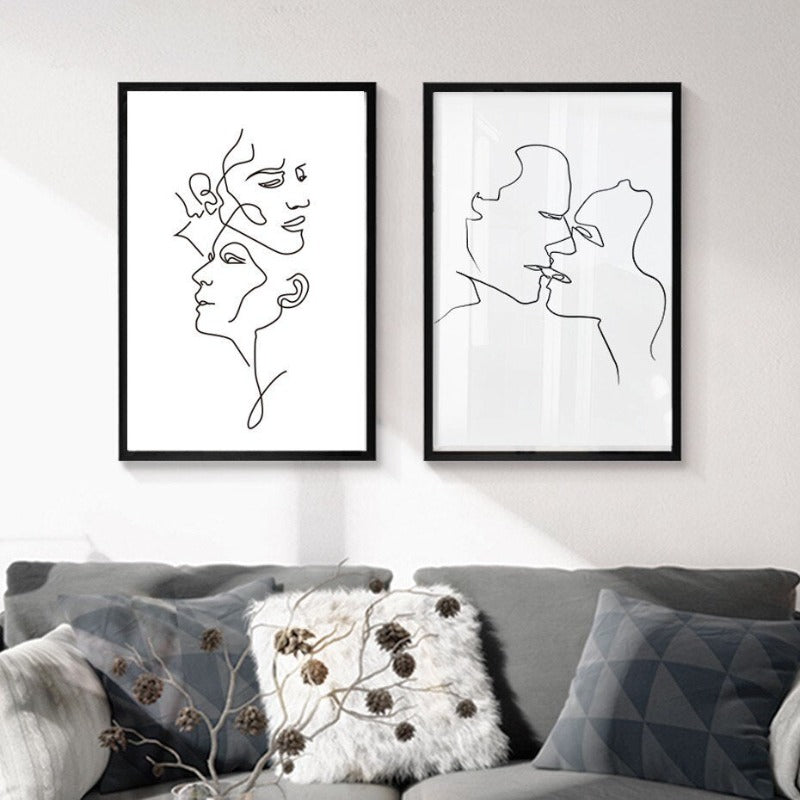 Abstract Love Kiss Black and White Line Poster - Canvas Wall Art Painting | Bowlift
