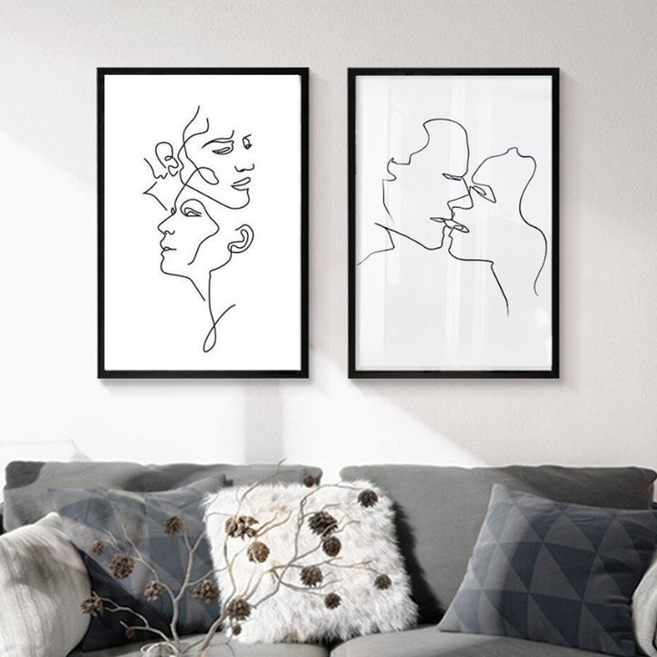 Abstract Love Kiss Black and White Line Poster - Canvas Wall Art Painting | Bowlift