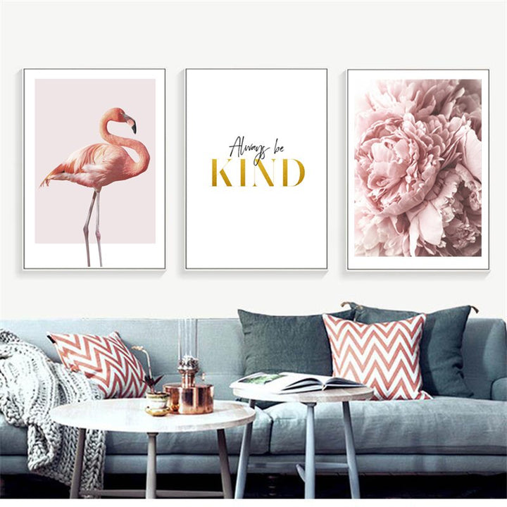 Modern Pink Flamingo Peony Flowers - Canvas Wall Art Painting | Bowlift