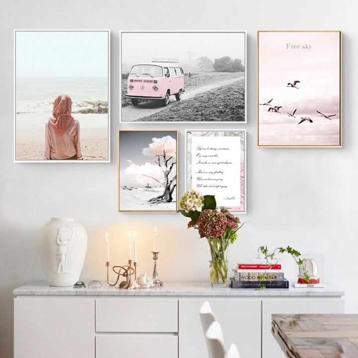 Pink Seascape Bus Healing Girl - Canvas Wall Art Painting | Bowlift