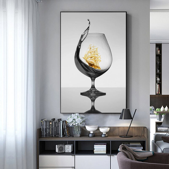 Black Wine Glass With Boat Wall Art - Canvas Wall Art Painting | Bowlift