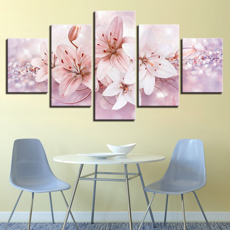 5 Piece Red & White Ombre Flower - Canvas Wall Art Painting | Bowlift
