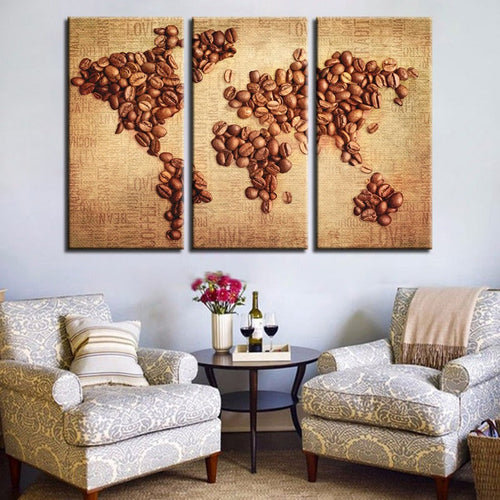 Beautiful Abstract Coffee Beans World Map - Canvas Wall Art Painting 3 Pieces | Bowlift