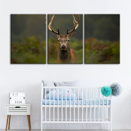 Curios Deer Amongst Ferns-Canvas Wall Art Painting 3 Pieces | Bowlift