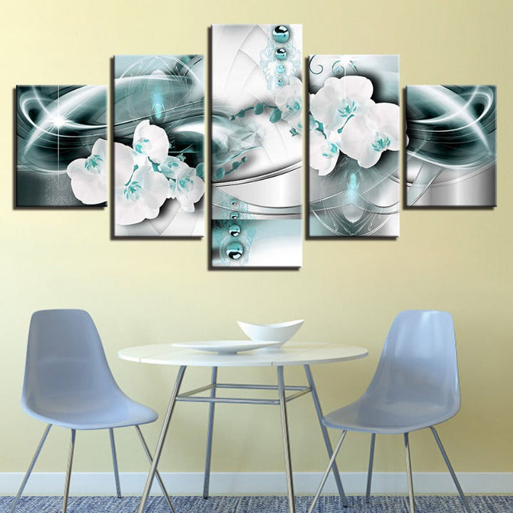 5 Piece Sea Blue Background & Hue White Flower - Canvas Wall Art Painting | Bowlift
