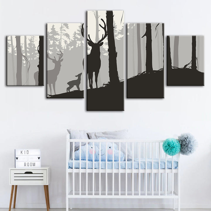 Silhouette Deer Family 5 Piece - Canvas Wall Art Painting | Bowlift