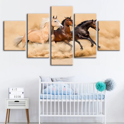 5 Piece Three Running Horses in Desert - Canvas Wall Art Painting | Bowlift