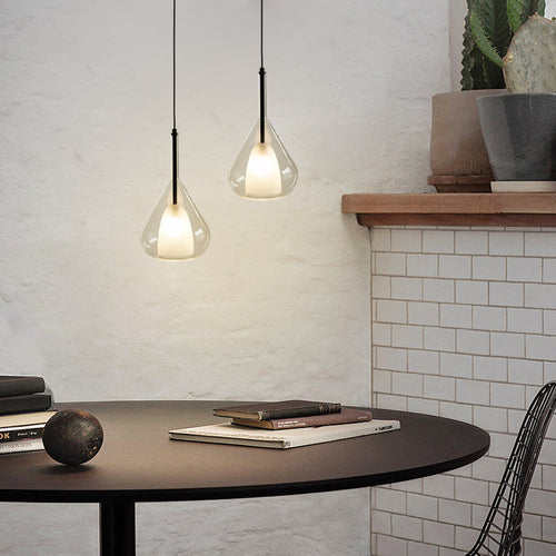 Industrial pendant light with double glass and raindrop design - Small hanging lamp for dining room and kitchen, modern minimalist design | Bowlift