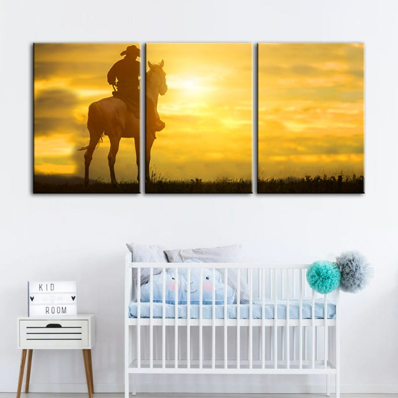 Cowboy And His Steed - Canvas Wall Art Painting 3 Pieces | Bowlift