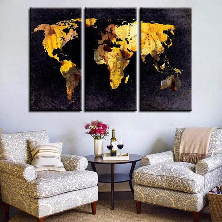 Beautiful Yellow Leaf World Map-Canvas Wall Art Painting 3 Pieces | Bowlift