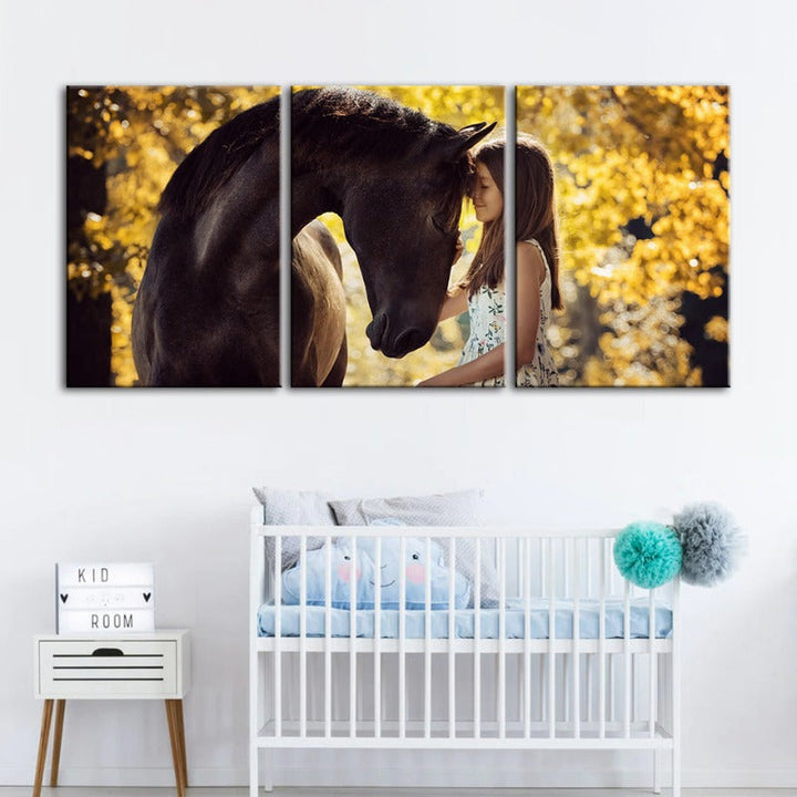 Friendship Between a Girl and Horse-Canvas Wall Art Painting 3 Pieces | Bowlift