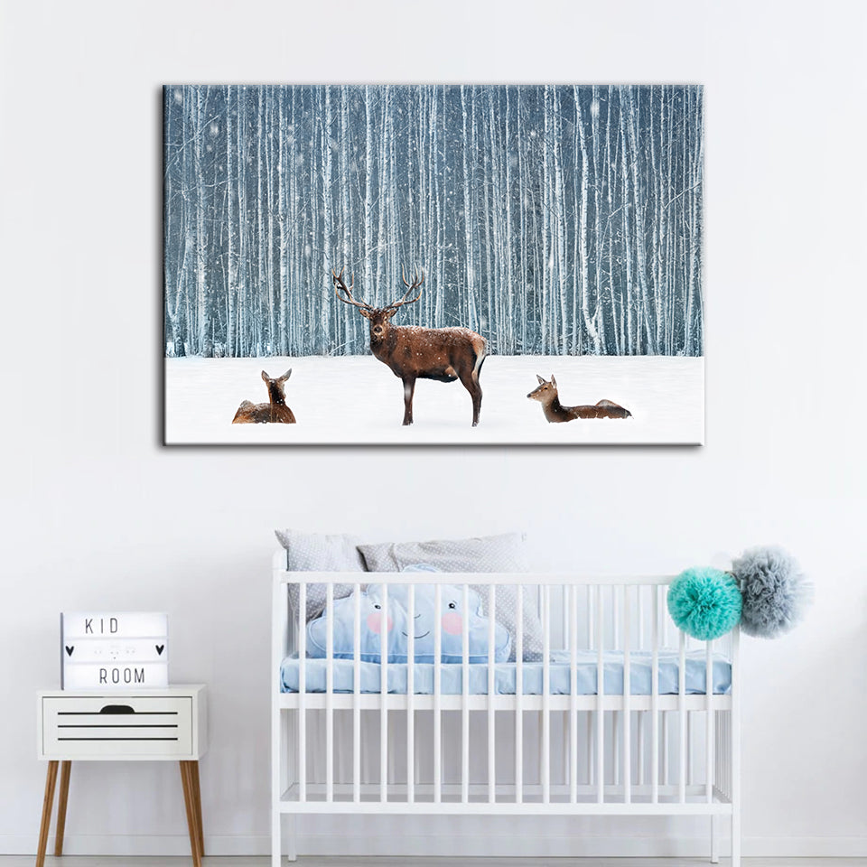 Two Does And A Deer In Winter - Canvas Wall Art Painting | Bowlift