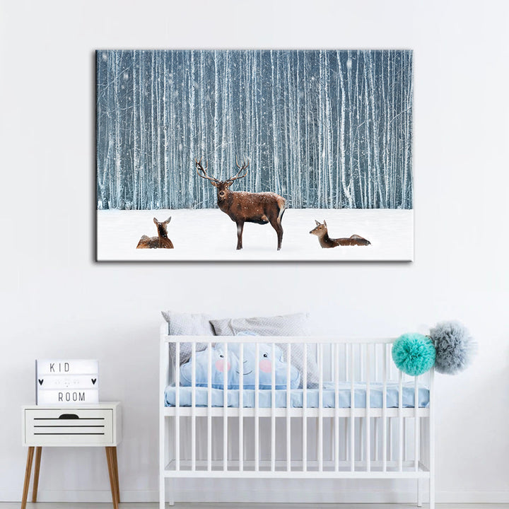 Two Does And A Deer In Winter - Canvas Wall Art Painting | Bowlift