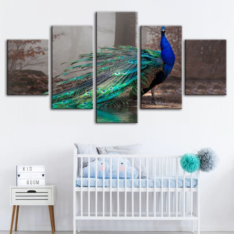 5 Piece Vivid Peacock by the Pond - Canvas Wall Art Painting | Bowlift
