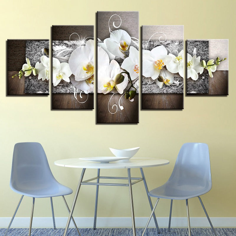 5 Piece Silver Background White Flower - Canvas Wall Art Painting | Bowlift