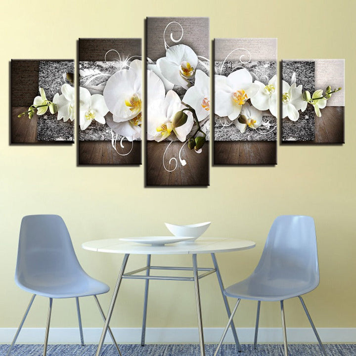 5 Piece Silver Background White Flower - Canvas Wall Art Painting | Bowlift