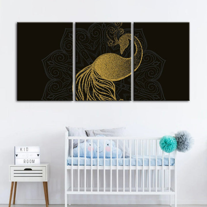 Abstract Golden Mandala Peacock - Canvas Wall Art Painting 3 Pieces | Bowlift