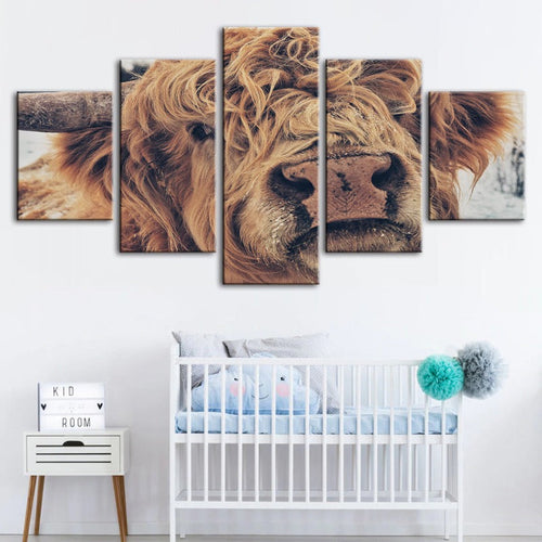 5 Piece Close Up Brown Cow - Canvas Wall Art Painting | Bowlift