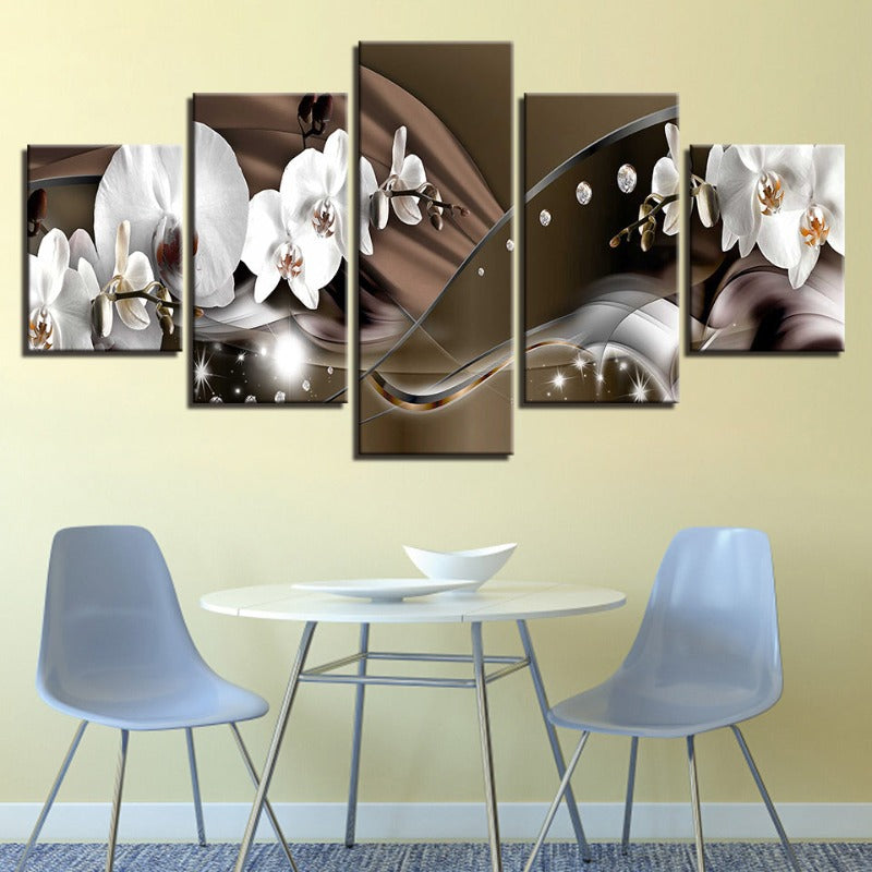 5 Piece Brown Metallic Background White Flower - Canvas Wall Art Painting | Bowlift