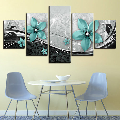 Ornate Blue Flowers 5 Piece - Canvas Wall Art Painting | Bowlift