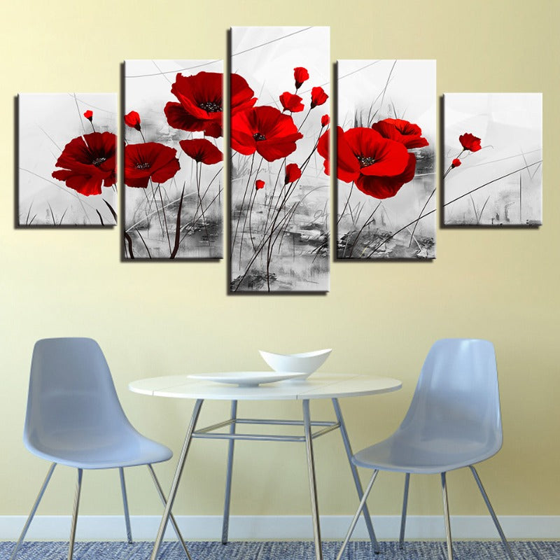 5 Piece White Background Red Flower - Canvas Wall Art Painting | Bowlift