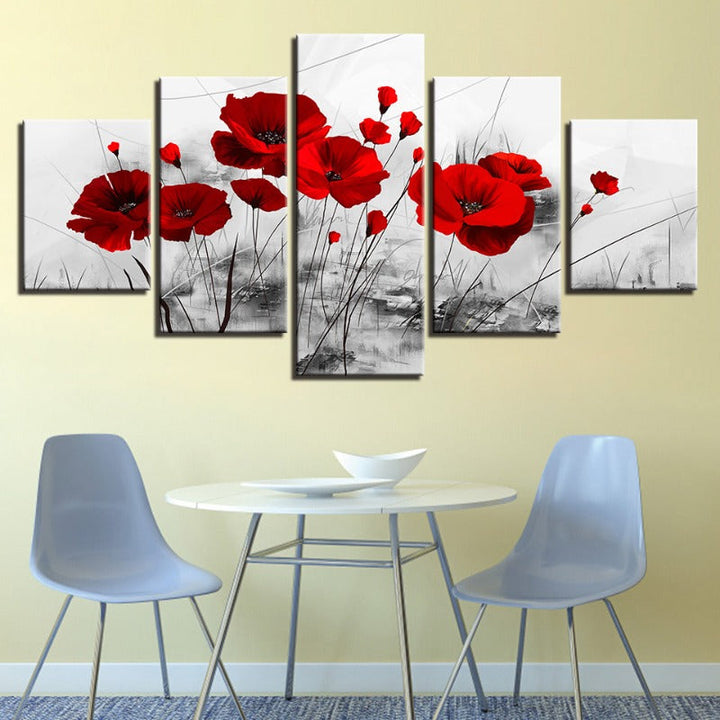 5 Piece White Background Red Flower - Canvas Wall Art Painting | Bowlift