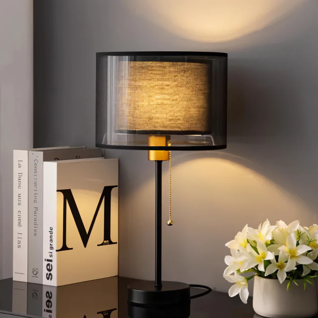 BowLift | Lumis – Vintage Table Lamp with Double Fabric Shade | Warm Ambient Lighting for Bedroom or Living Room