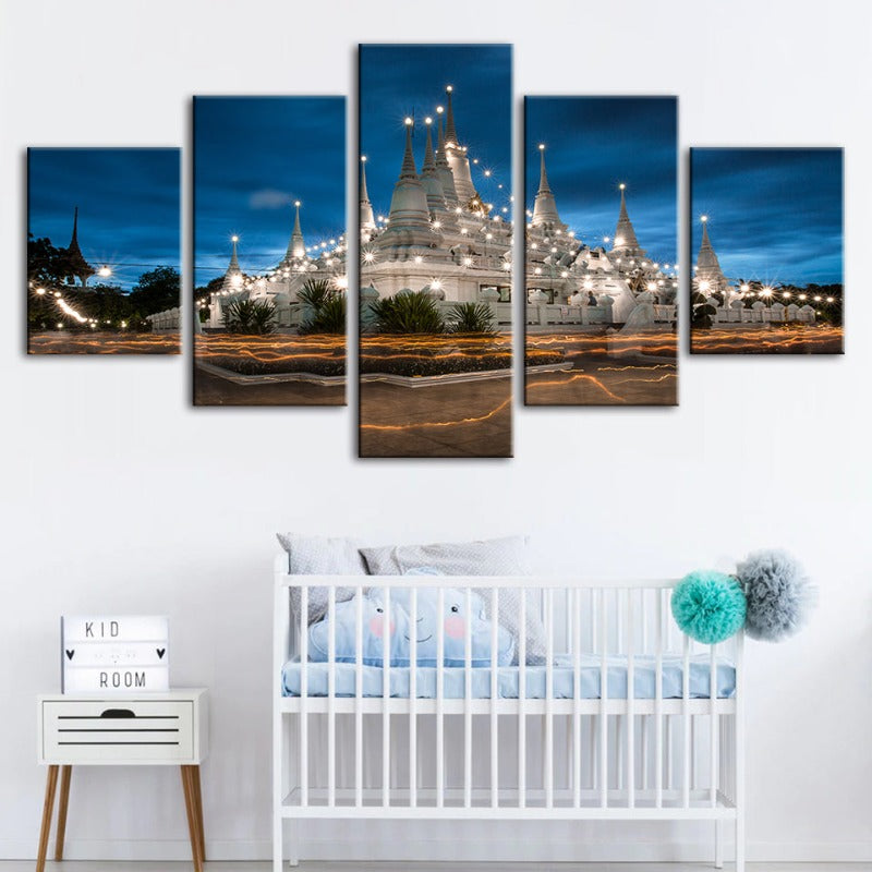 5 Piece Beautiful Temple Night Time - Canvas Wall Art Painting | Bowlift