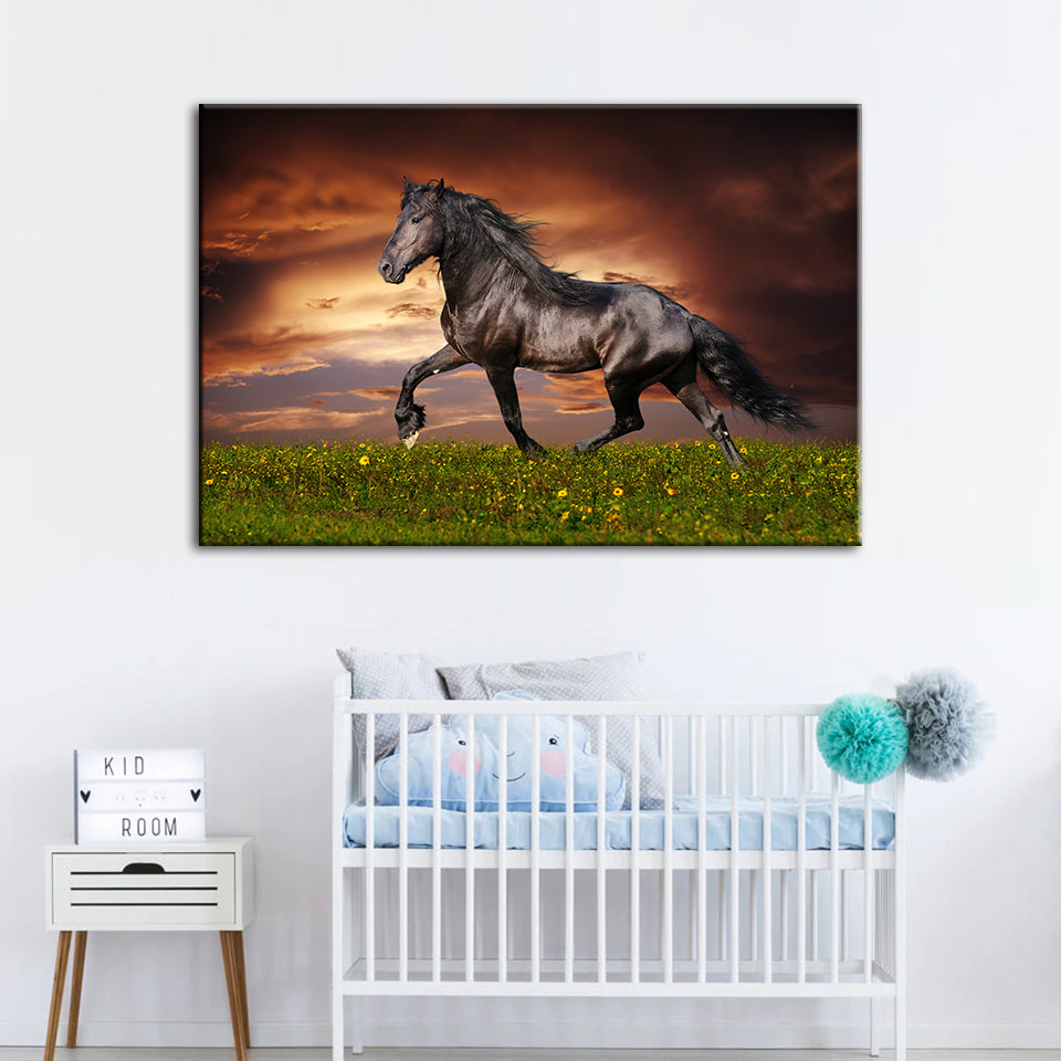 Running Black Horse - Canvas Wall Art Painting | Bowlift