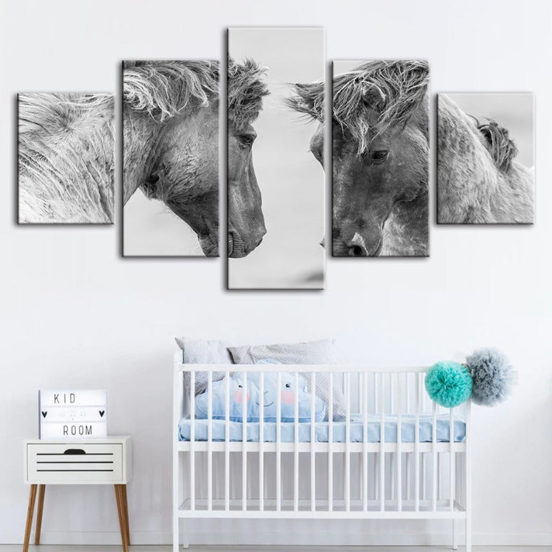 5 Piece Two White Horses - Canvas Wall Art Painting | Bowlift
