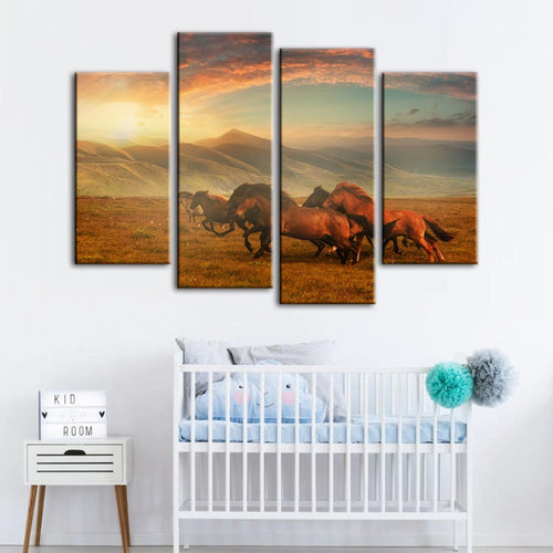 4 Piece Running Horses With Beautiful Landscape - Canvas Wall Art Painting | Bowlift