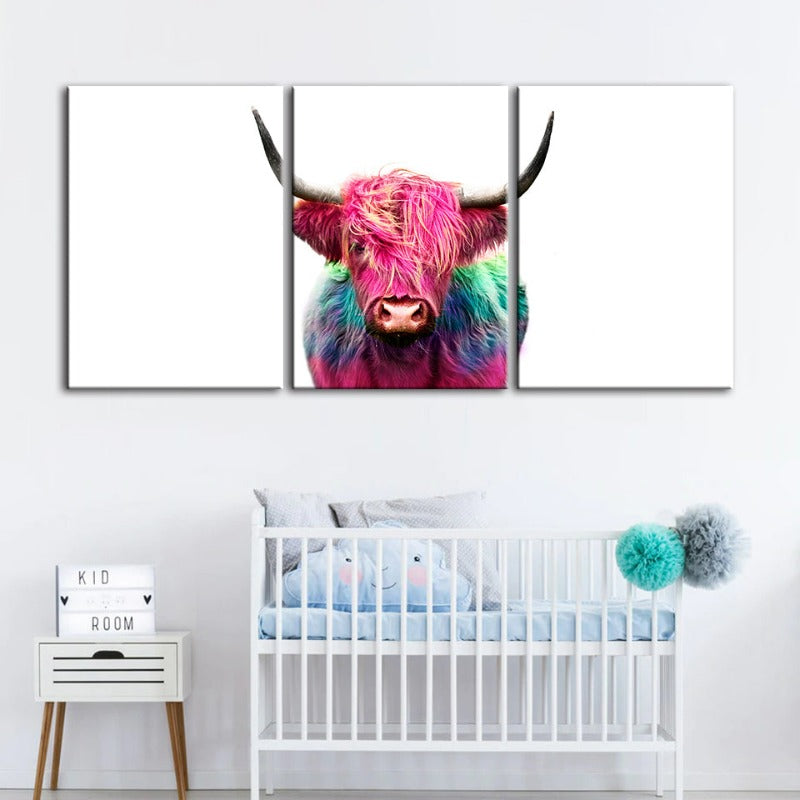 Colorful Pink Cow-Canvas Wall Art Painting 3 Pieces | Bowlift