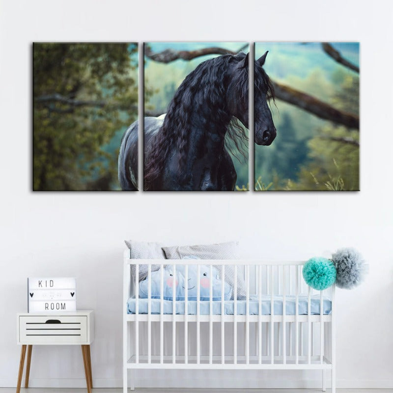 Black Horse in Forest-Canvas Wall Art Painting 3 Pieces | Bowlift